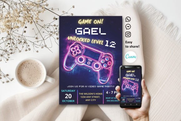 Neon Game Night Invites: Design Your Video Game Party